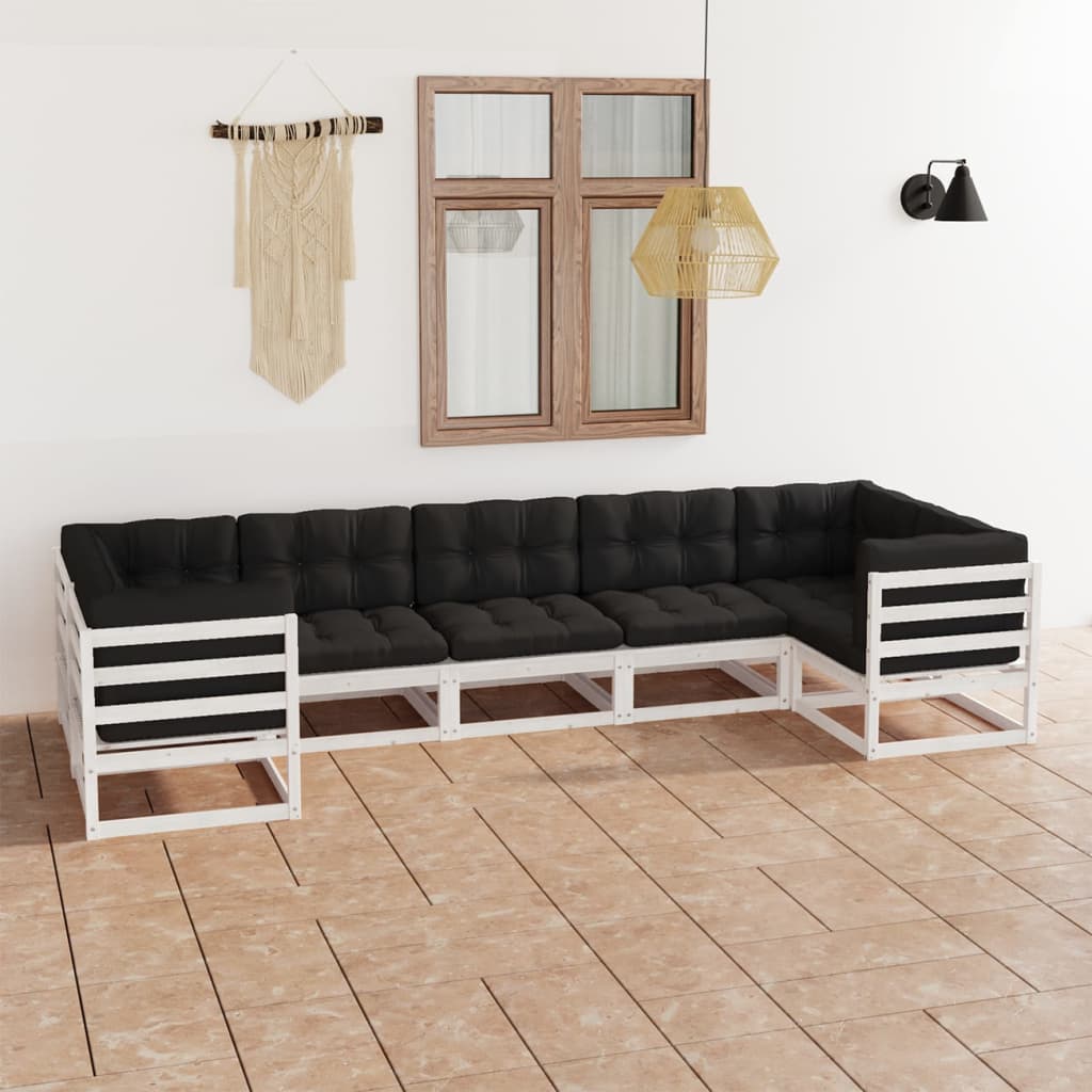 7-tlg. Garten-Lounge-Set mit Kissen Weiss Kiefer Massivholz